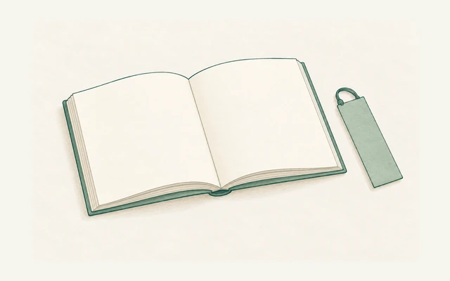 白紙の冊子としおりを描いた解説を読むイメージ