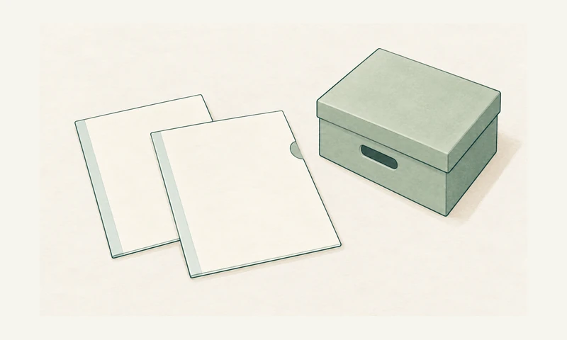 無地の書類入れと箱を描いた記録整理のイメージ