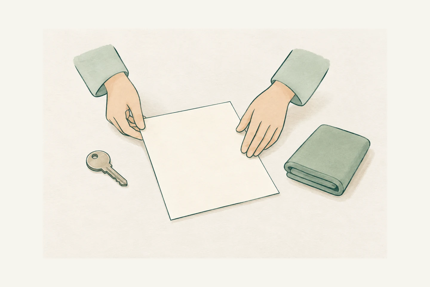 無地の書類を整える手元と鍵を描いた相談のイメージ