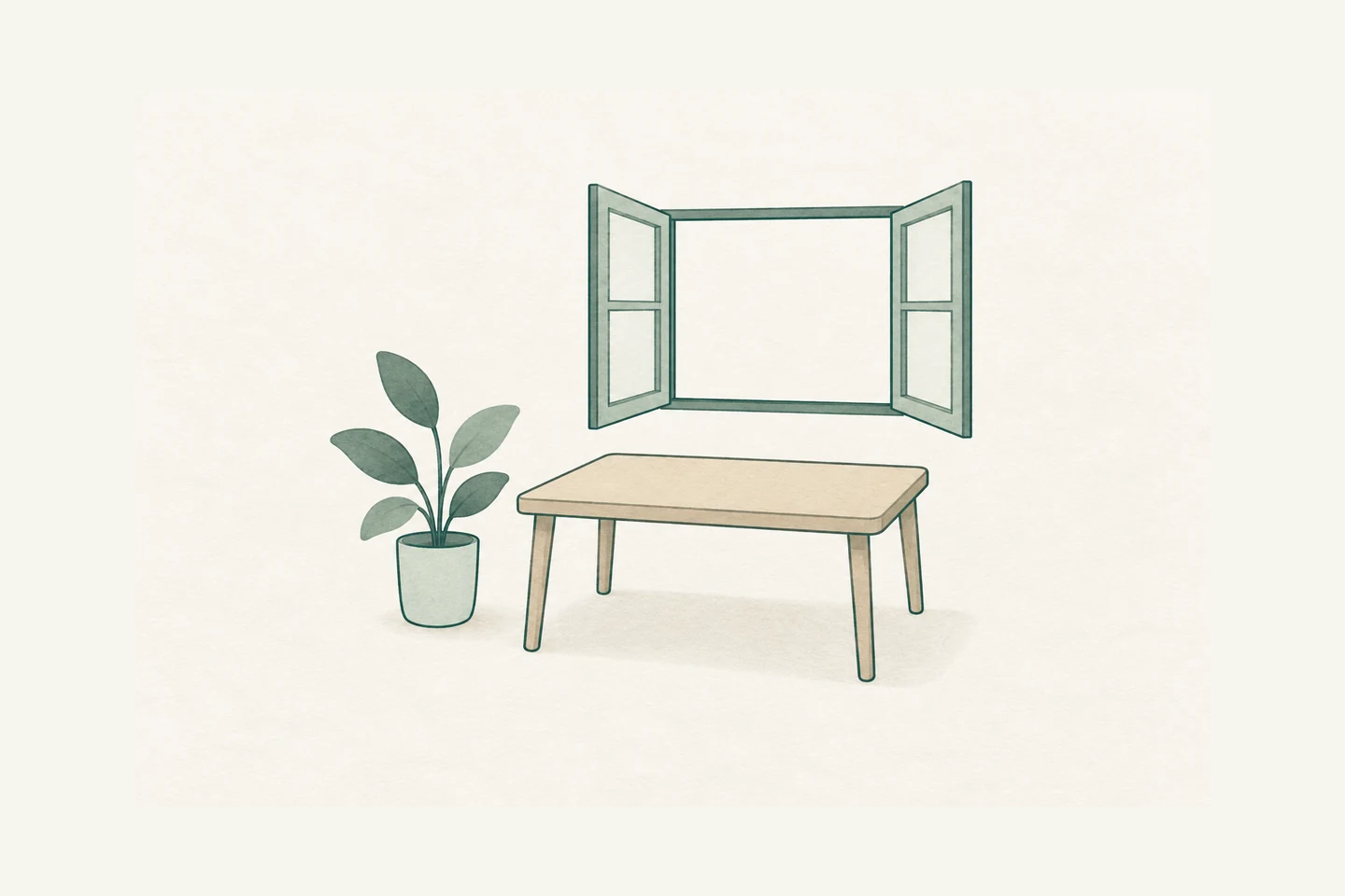 窓と机と植物を明るく描いた室内のイメージ