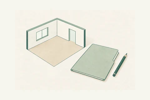 抽象的な室内と無地の資料を描いた確認作業のイメージ